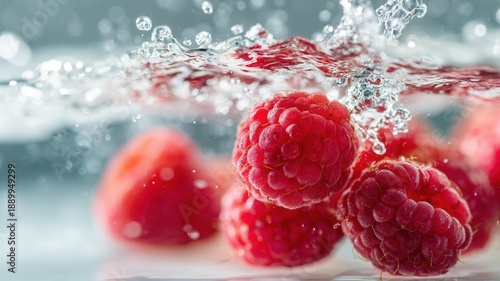 Red raspberries immersing into refreshing clear water, actively washing and creating dynamic vibrant and bubbles splash