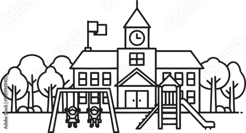 Black and white line of a school building with a playground and trees swings slide 1