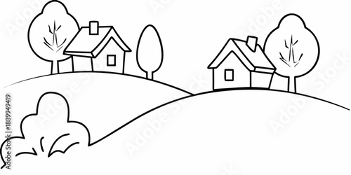 Simple line drawing of houses and trees on rolling hills
