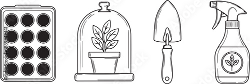 Black and white line of gardening tools and plant propagation tray