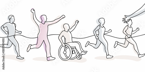 Athletes crossing a finish line including a wheelchair racer in a sketch