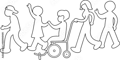 Line art illustration depicting a diverse group of people walking together