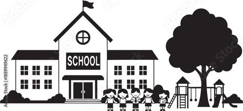 Black and white of a school building with children and a playground tree swing set