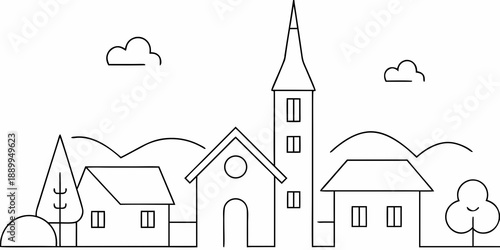 Simple line drawing of a village with a church steeple and surrounding houses