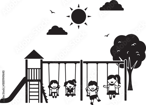 Black and white of children playing on swings and a slide under a sun and clouds playground