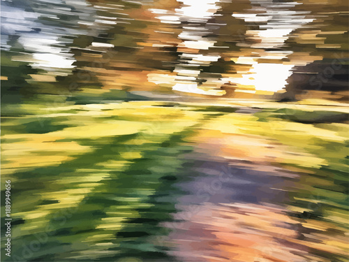 Green park landscape blurred in radial motion captioned during late spring, summer, early autumn day with sun lighting grass, soil path, and trees; experimental digital painting expressing transience