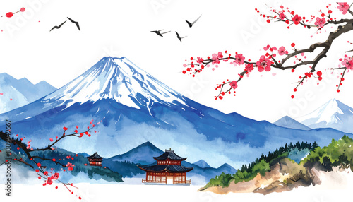 Snow-capped Mount Fuji with traditional Japanese temples watercolor illutrastion transparent background