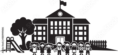 Black and white of diverse children standing in front of a school building with a playground kids slide