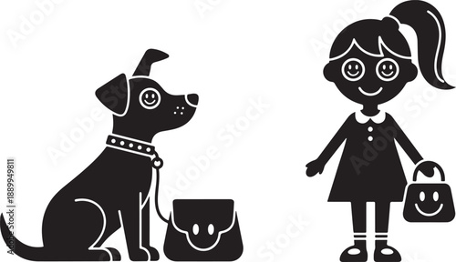 Black silhouette of a girl with a ponytail and a dog with a collar and leash next to bags animal