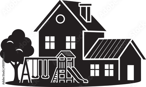 Black silhouette of a house with a swing set and slide in the yard home building black and white
