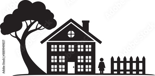 Black silhouette of a house with a tree a person and a picket fence house silhouette tree silhouette