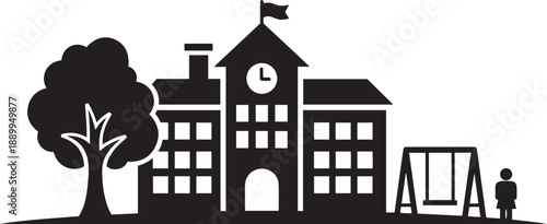 Black silhouette of a school building with a clock and flag a tree and a playground swing set with a child figure