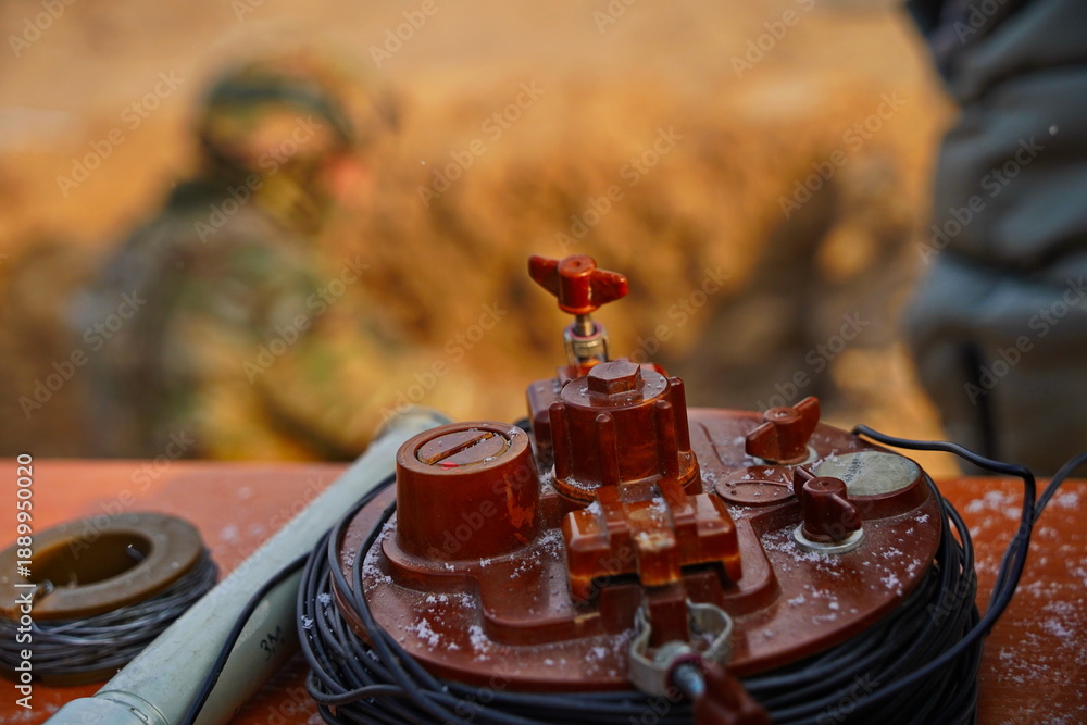 Fototapeta premium The control panel for antipersonnel mines. Military exercises.