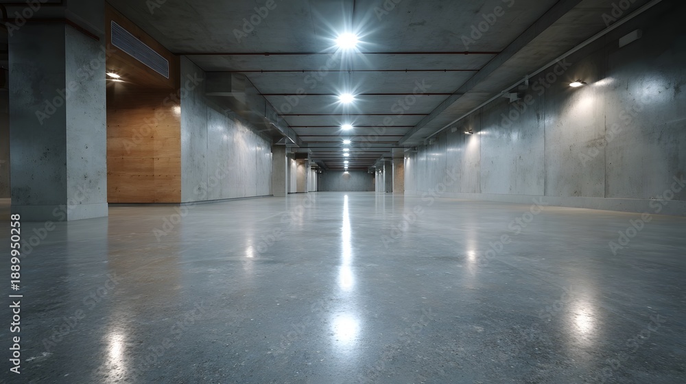 Obraz premium Vast modern industrial concrete hall with a smooth polished floor reflecting bright overhead lights creating a sleek illuminated interior space