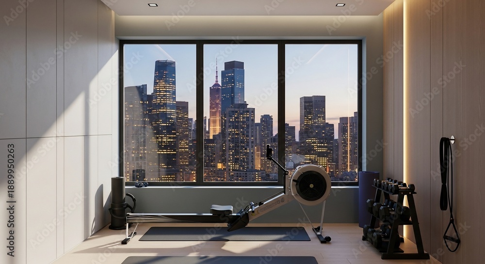 Naklejka premium Modern home gym with rowing machine and city view.
