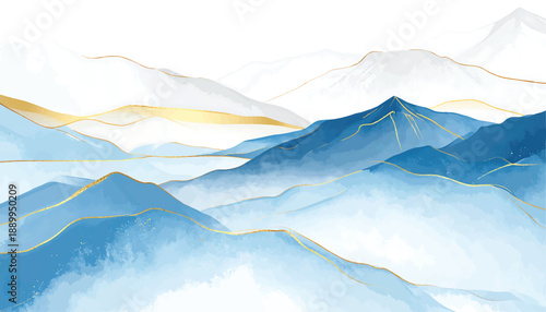 Abstract serene blue and white mountain landscape with watercolor illutrastion transparent background