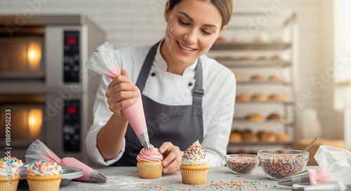 Woman decorating cupcakes with pink icing and colorful sprinkles in a bakery.