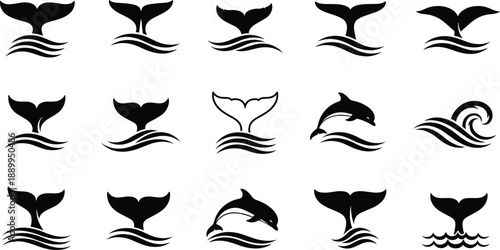 Whale Tail Silhouette Icon Set with Ocean Wave Symbols for Marine Logos, Nautical Branding, Tattoo Designs, and Minimal Vector Graphics
