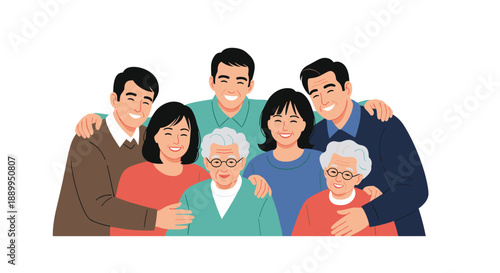 Large happy multi generational family including grandparents parents and children pose together for a group portrait with bright smiles.