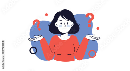 Confused woman in a red sweater shrugs her shoulders with an uncertain expression surrounded by floating question marks and circles.