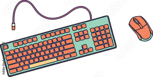 Modern computer keyboard and mouse in vibrant orange and teal hues for efficient workspace