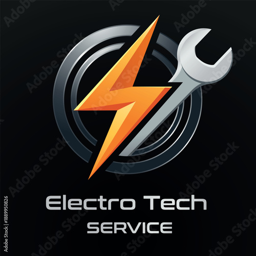 Modernes Elektriker-Logo mit Blitz und Schraubenschlüssel, ideal für Elektroservice, Wartung und technische Dienstleistungen.