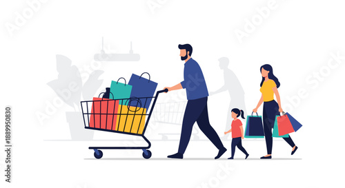 Family with a young daughter walks together while pushing a shopping cart overflowing with colorful bags after a successful day of shopping.