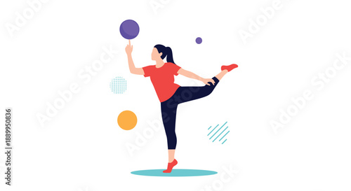 Young woman in activewear performs a graceful yoga pose or gymnastics movement while balancing on one leg against an abstract background.