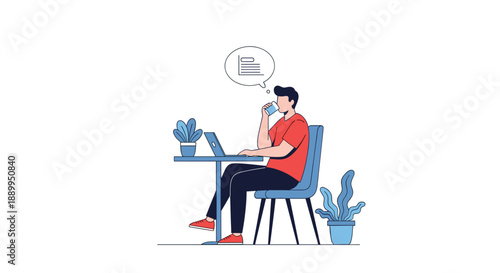 Man in a red t-shirt sits at a table in a cafe or office working on a laptop and taking a drink with a thought bubble above his head.