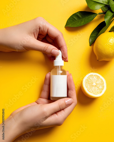 A woman holding a vitamin C serum. Yellow background, lemons around. Skin whitening. Anti-pigmentation essences.