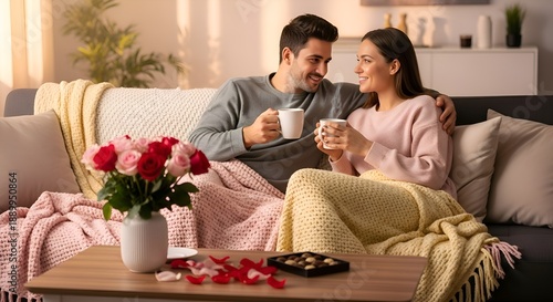 valentines night young couple sitting on sofa and watching tv