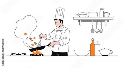 Professional chef in a white uniform and tall hat tosses ingredients in a frying pan over a flame in a well equipped commercial kitchen.