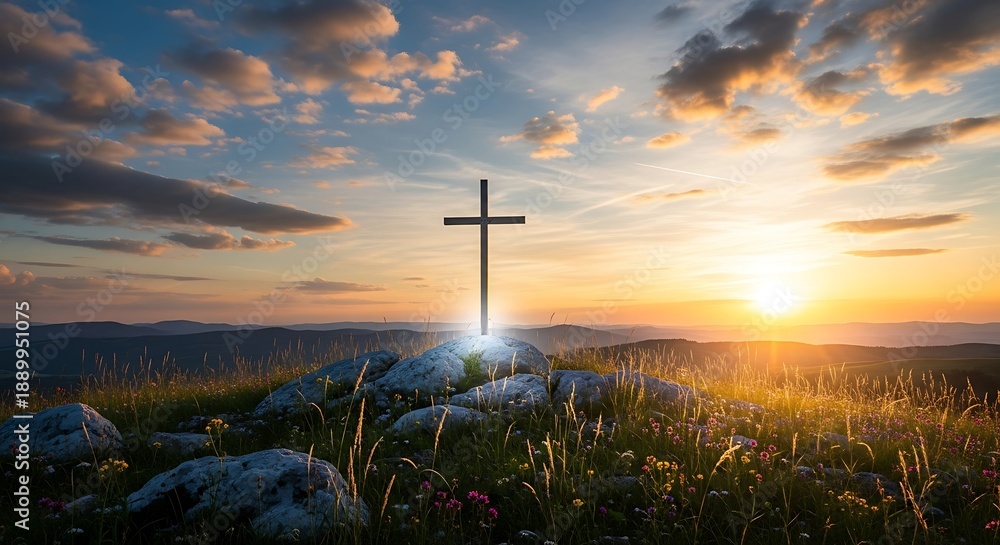 Obraz premium Serene sunset over a mountainous landscape with a prominent cross