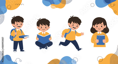 Group of four happy school children including boys and a girl carrying backpacks and books in various poses on a decorative background.