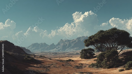 Serene mountain landscape with vast plains and scattered trees under a cloudy sky