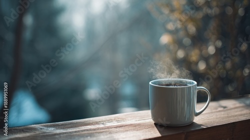 Morning coffee on a wooden windowsill overlooking a serene outdoor landscape