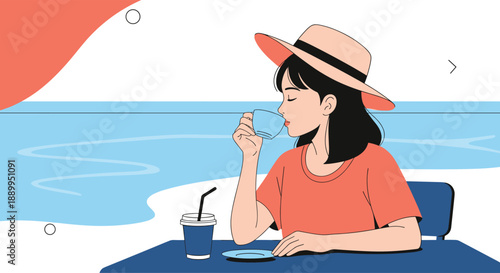 Young woman with a sun hat enjoys a cup of coffee while relaxing at a seaside cafe with a beautiful ocean view.