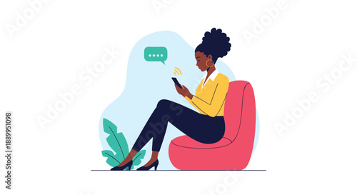 Stylish African American woman relaxes on a red bean bag chair while browsing on her smartphone in a modern setting.
