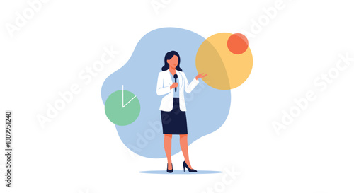Confident businesswoman gives a presentation with colorful geometric shapes representing data and infographics in a professional environment.