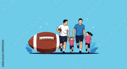 Happy group of men and children run together across a field next to a giant American football on a blue background.