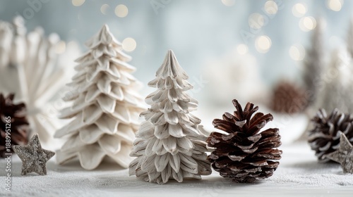 Festive winter scene with decorated and natural pinecones and miniature Christmas trees for