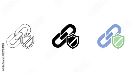 A graphic representation of link security with chain and shield icons in different colors on a white background