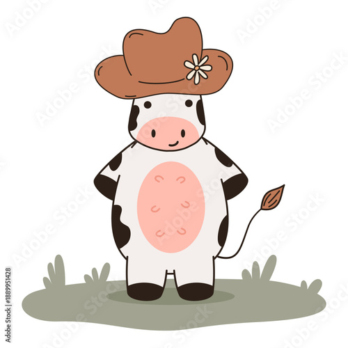 cute hand drawn cartoon character with funny cow with hat vector illustration isolated on white background