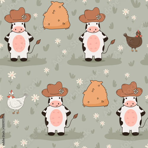 cute hand drawn cartoon character with funny cow with hat in the meadow with hen, daisy flowers and hay seamless vector pattern background  illustration 