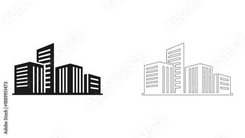 A minimalist illustration of a modern city skyline with sleek skyscrapers in black and white