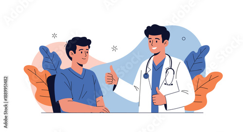 Friendly male doctor and his patient both give a thumbs up sign after a successful medical consultation in the clinic.