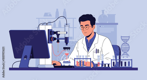 Dedicated scientist wearing a lab coat works with complex laboratory equipment and a computer monitor to conduct research.
