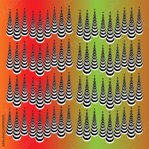 Striped cone grid with gradient spectrum and floating black spheres