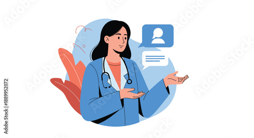 Compassionate female doctor gestures toward digital chat bubbles that display patient information and communication icons.