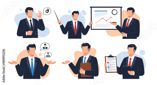 Collection of businessman character poses including presenting a chart, holding a clipboard, and making an okay sign.